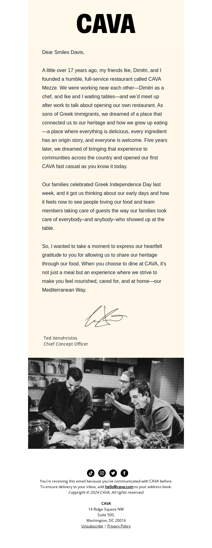A message from CAVA Co-Founder Ted Xenohristos
