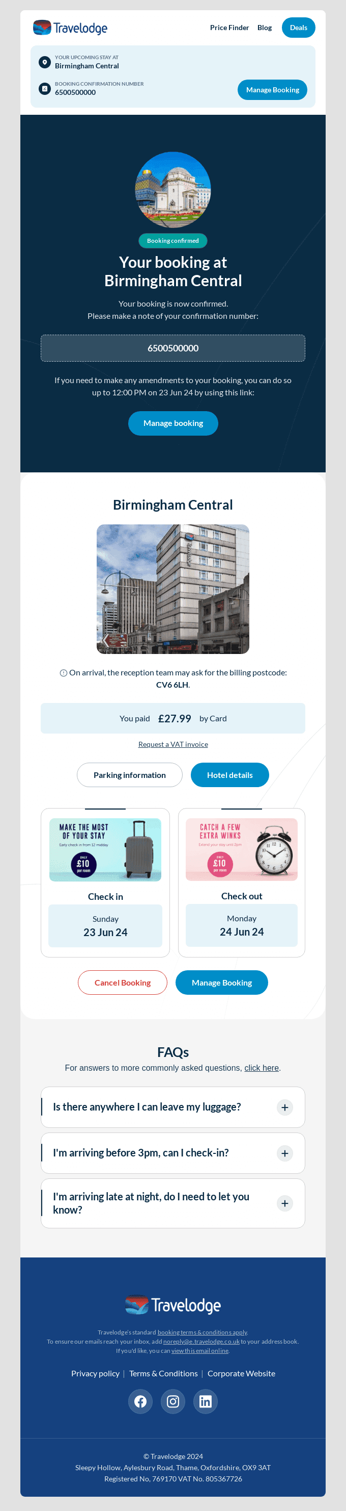 Booking Confirmed:Β Birmingham CentralΒ on 23 Jun 24Β (#6500500000) - manage your booking online