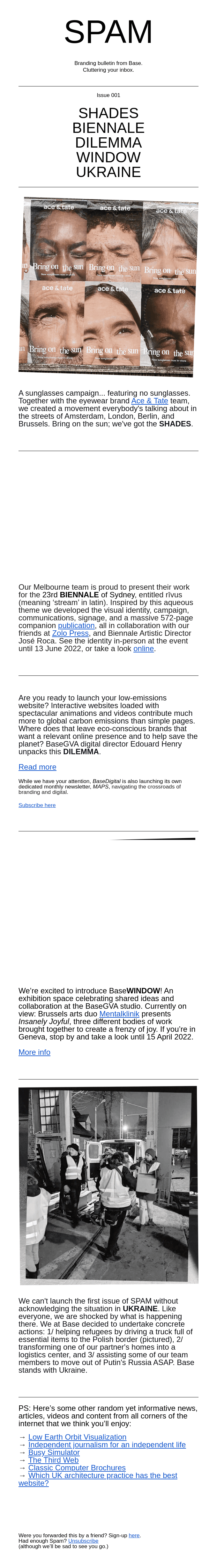 Branding bulletin from Base. Cluttering your inbox. Issue 001