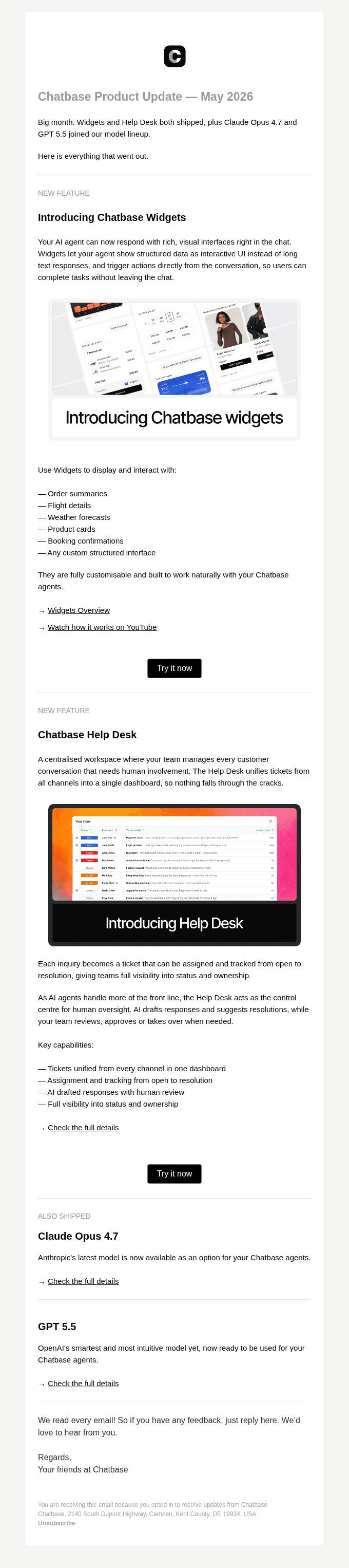 Chatbase: Widgets, Help Desk, Claude Opus 4.7, GPT 5.5