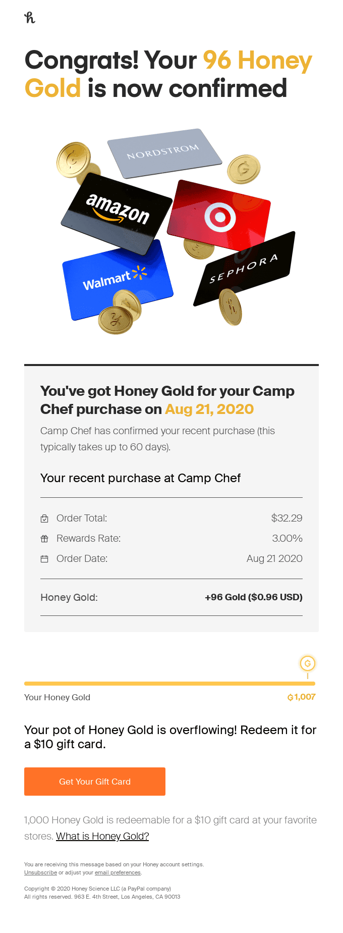 Good news! Your 96 Honey Gold from Camp Chef has been confirmed!