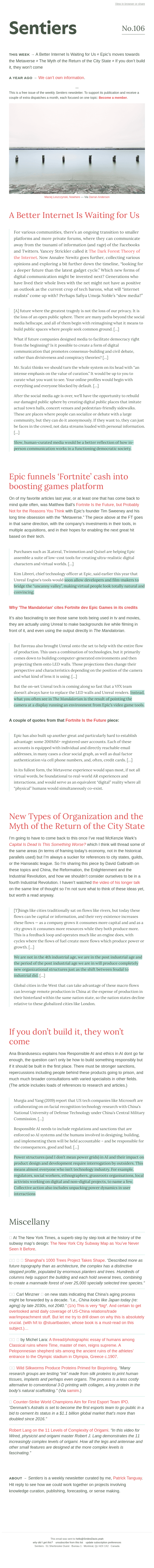 No.106 — A Better Internet Is Waiting for Us ⊗ Epic’s Metaverse ⊗ The Myth of the Return of the City State ⊗ If you don’t build it, they won’t come
