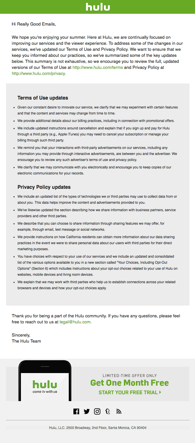 Notice of Update to Hulu’s Terms and Privacy Policy