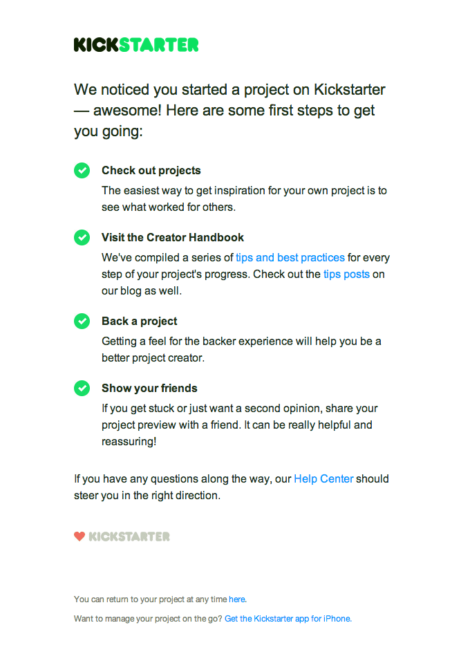 Onboarding Email from Kickstarter