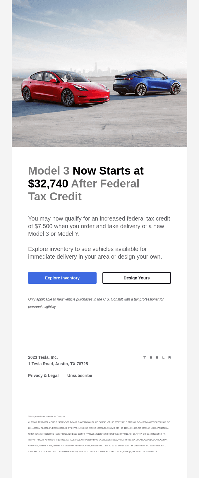 Purchase Any New Model 3 or Model Y, Get a $7,500 Tax Credit