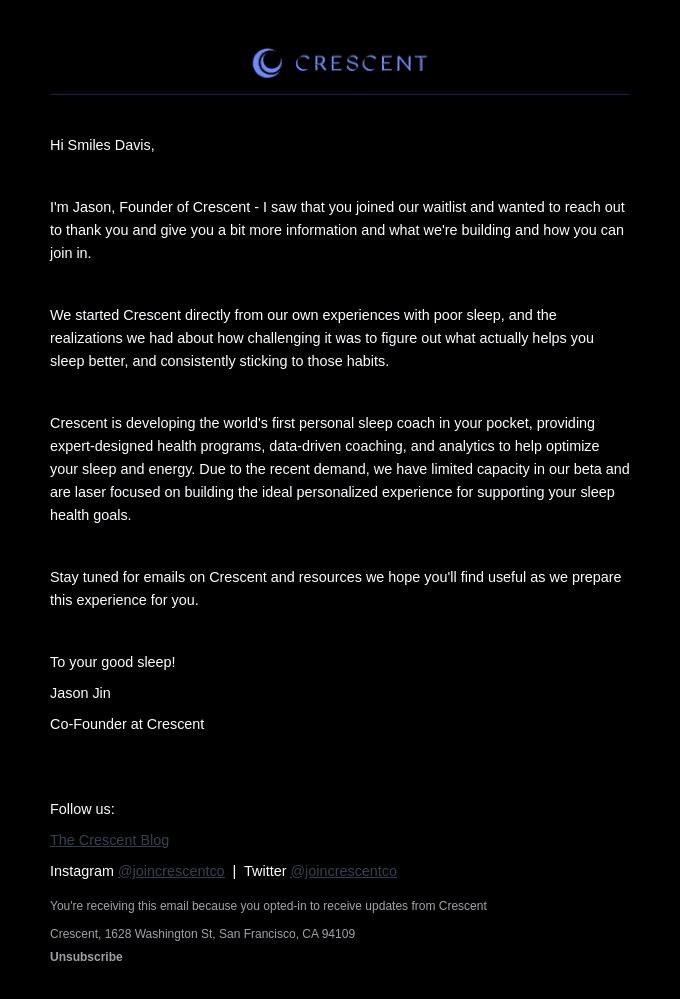 Smiles Davis, a note on your Crescent invite
