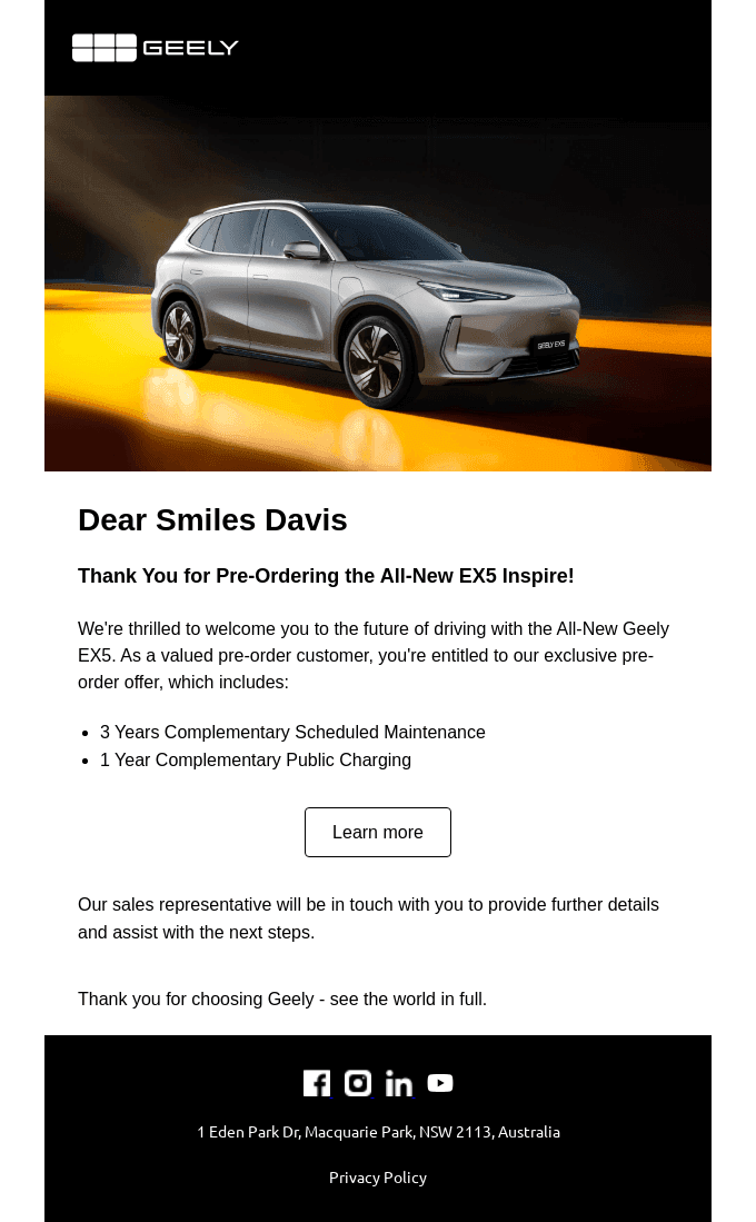 Thank You for Pre-Ordering the All-New EX5!
