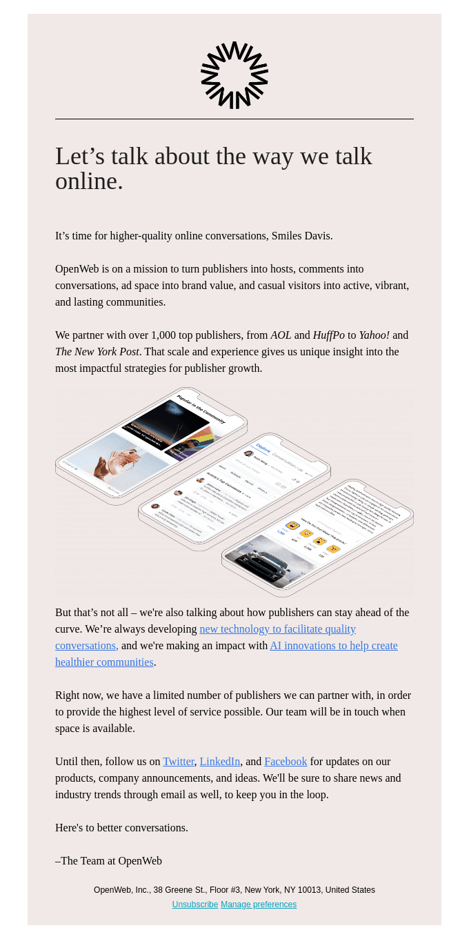 Thanks for reaching out to OpenWeb!