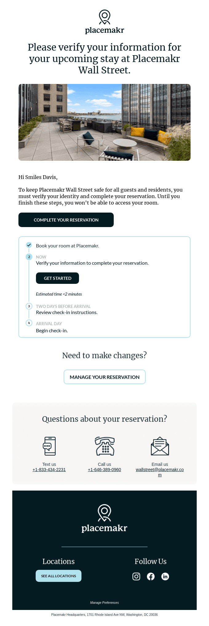 Verify your information for your stay at Placemakr Wall Street - 7/13/23