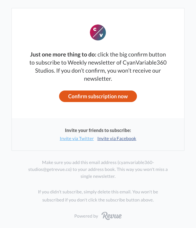 Weekly newsletter of CyanVariable360 Studios: Confirm subscription