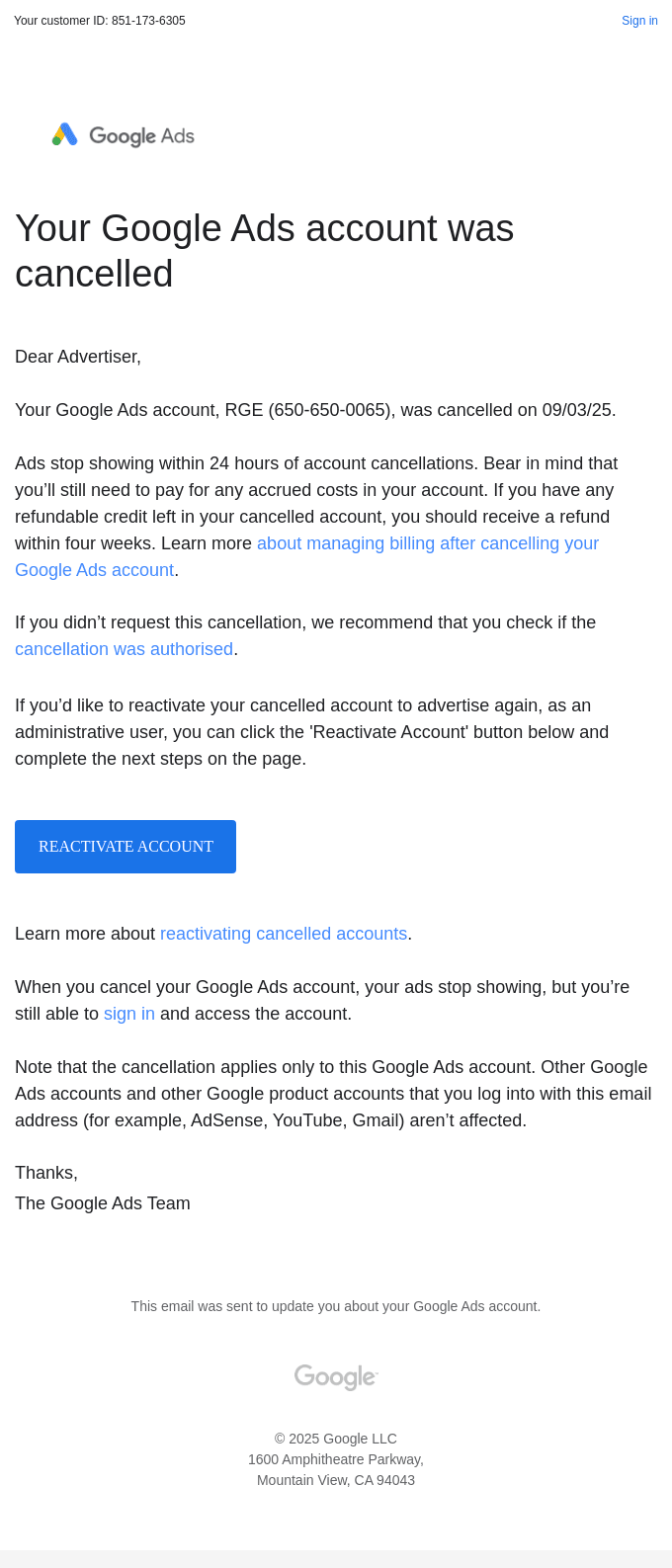 Your Google Ads account was cancelled