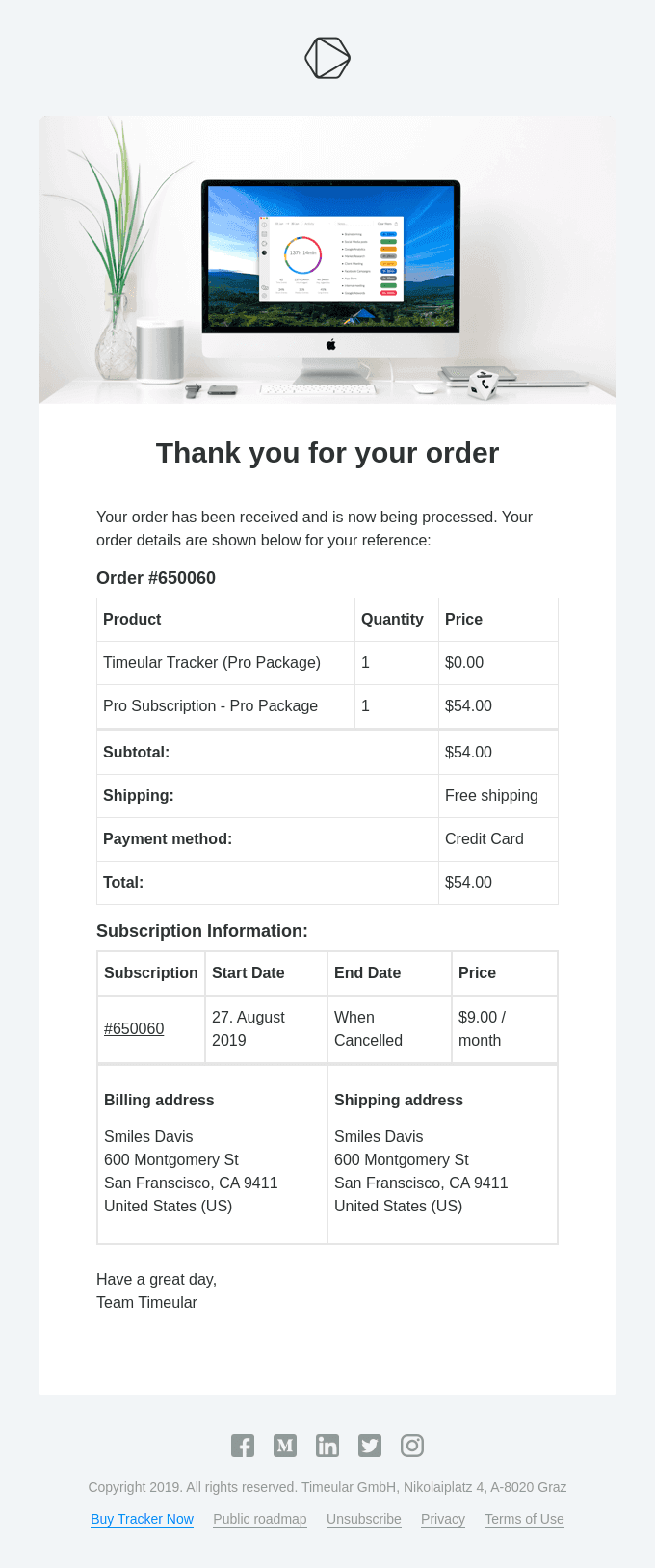 Your order receipt from 27. August 2019