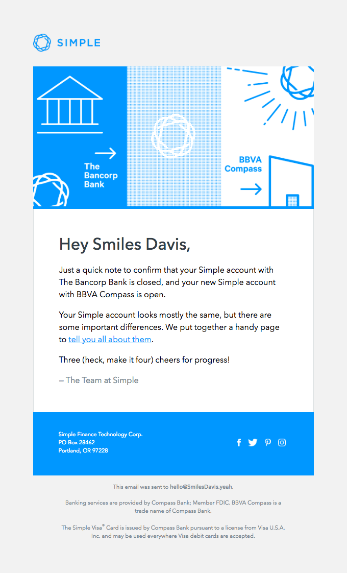 Your Simple account with The Bancorp Bank is closed